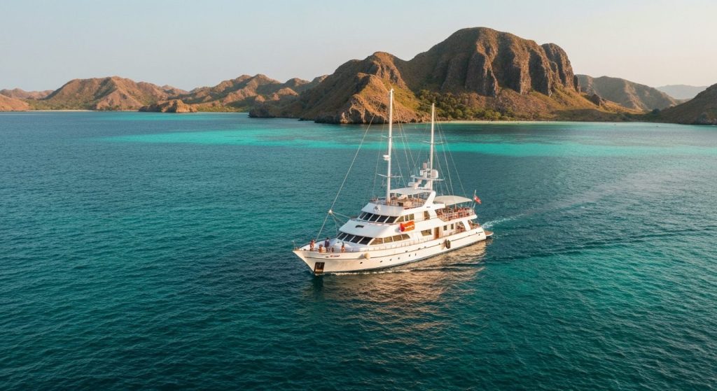 best time for komodo yacht charter — Photorealistic editorial luxury photo, private crewed yacht / superyacht / traditio