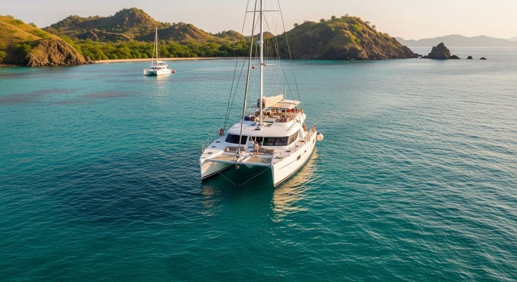 komodo catamaran charter — Photorealistic editorial luxury photo, private crewed yacht / superyacht / traditional phinis