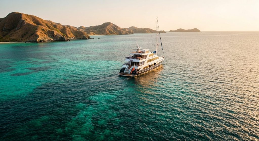 komodo yacht charter price — Photorealistic editorial luxury photo, private crewed yacht / superyacht / traditional phin