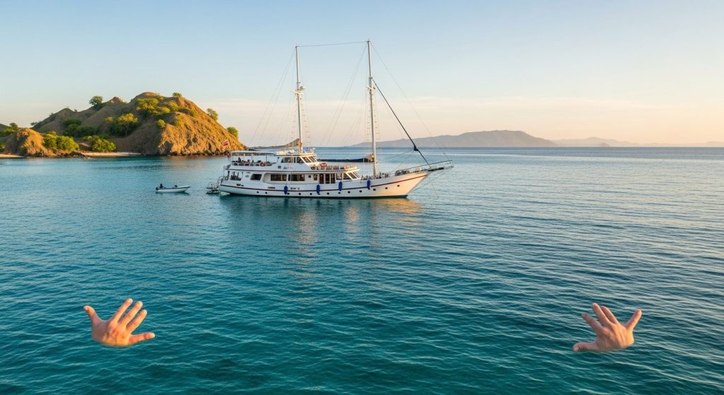 how much does komodo yacht charter cost — Photorealistic editorial luxury photo, private crewed yacht / superyacht / tra