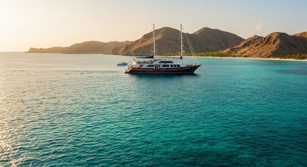 komodo charter pink beach padar rinca — Photorealistic editorial luxury photo, private crewed yacht / superyacht / tradi