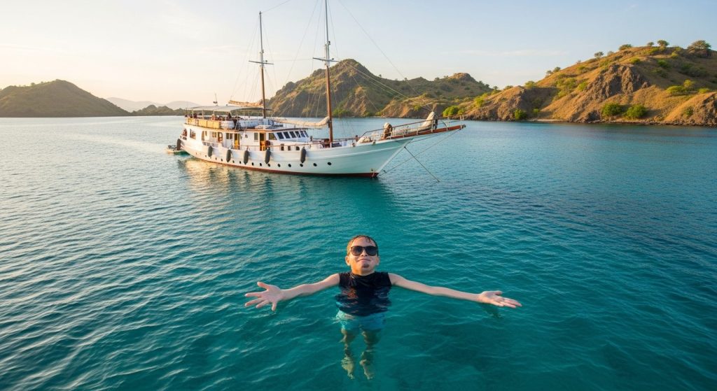 komodo diving liveaboard — Photorealistic editorial luxury photo, private crewed yacht / superyacht / traditional phinis