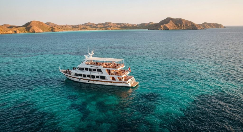 diving certification requirements komodo liveaboard charter — Photorealistic editorial luxury photo, private crewed yach