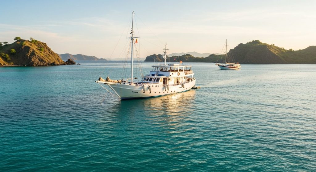 komodo yacht charter faq — Photorealistic editorial luxury photo, private crewed yacht / superyacht / traditional phinis