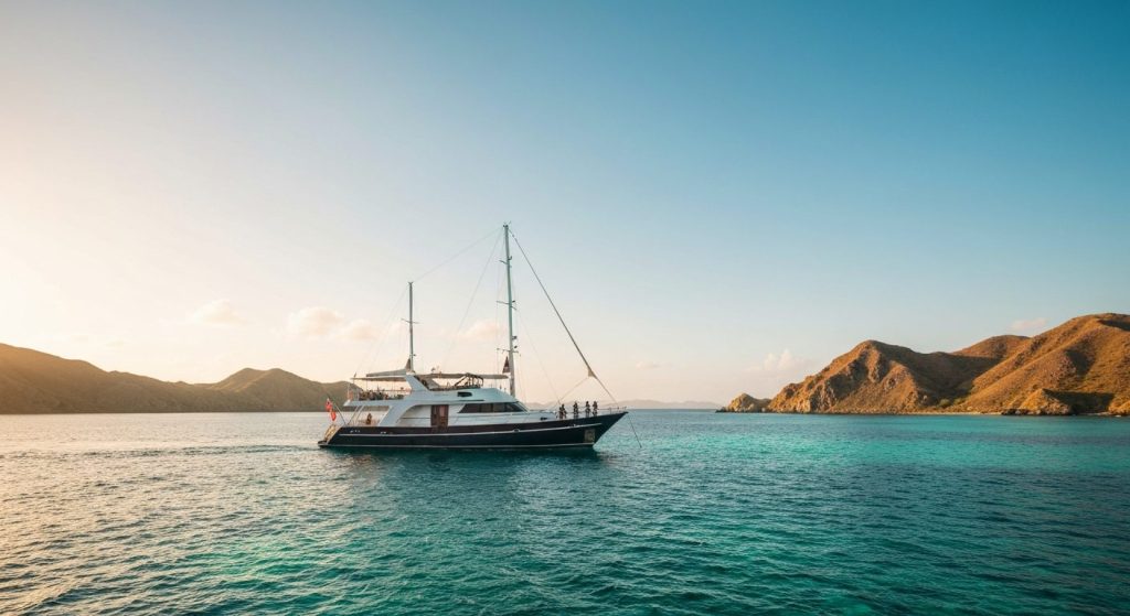 komodo yacht charter hidden costs avoid — Photorealistic editorial luxury photo, private crewed yacht / superyacht / tra