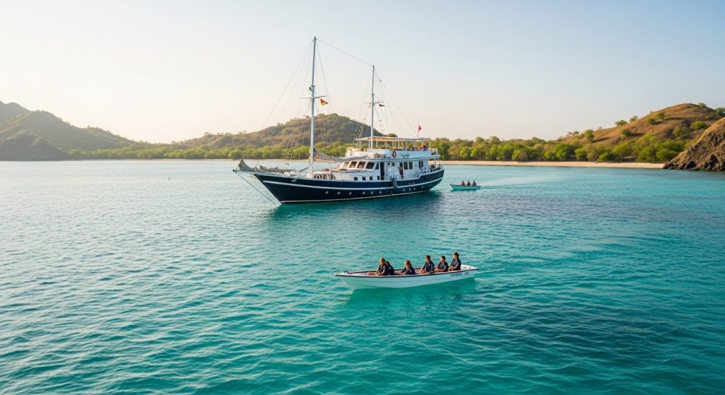 komodo yacht charter — Photorealistic editorial luxury photo, private crewed yacht / superyacht / traditional phinisi in