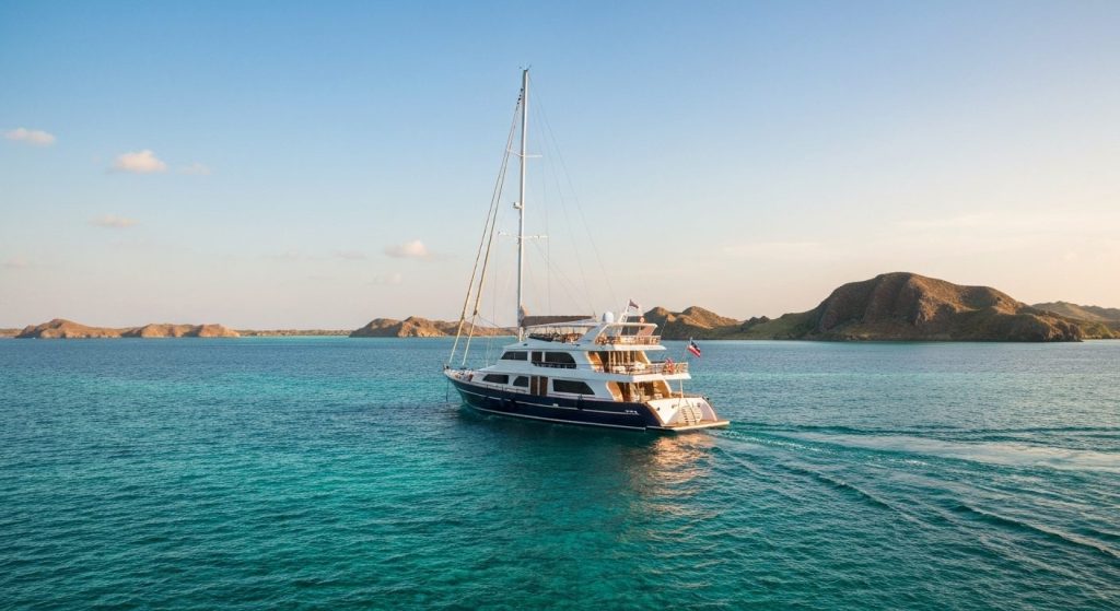 how to charter a private yacht in komodo — Photorealistic editorial luxury photo, private crewed yacht / superyacht / tr
