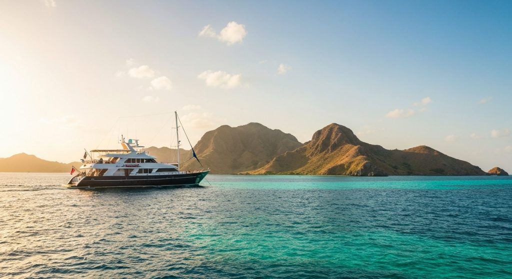 how to choose yacht charter komodo — Photorealistic editorial luxury photo, private crewed yacht / superyacht / traditio