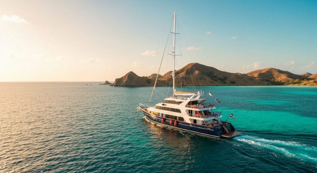 komodo 3 day yacht charter itinerary — Photorealistic editorial luxury photo, private crewed yacht / superyacht / tradit