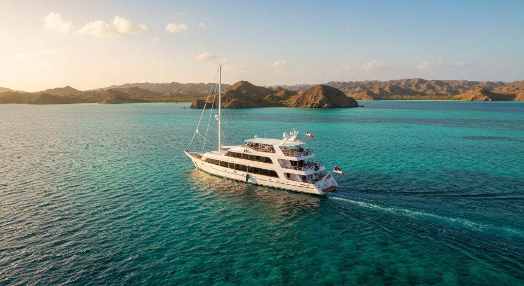 komodo vs raja ampat yacht charter — Photorealistic editorial luxury photo, private crewed yacht / superyacht / traditio