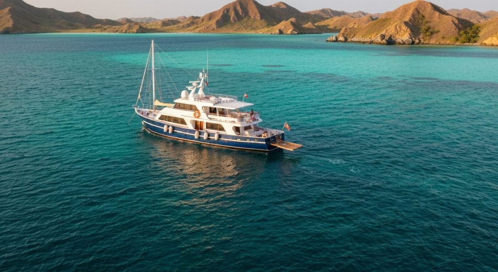 labuan bajo yacht charter — Photorealistic editorial luxury photo, private crewed yacht / superyacht / traditional phini