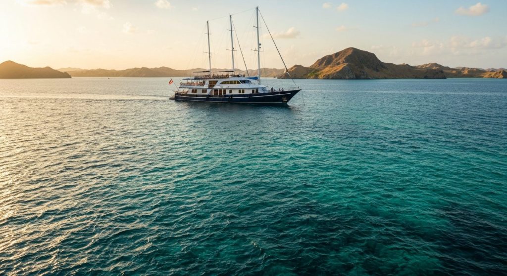 komodo liveaboard charter — Photorealistic editorial luxury photo, private crewed yacht / superyacht / traditional phini