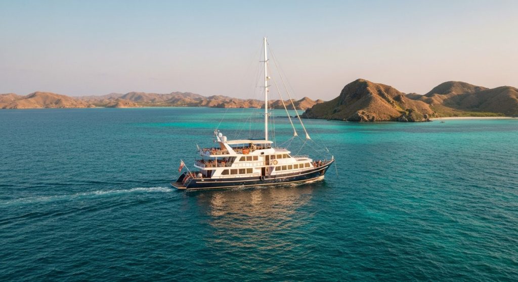 komodo liveaboard charter — Photorealistic editorial luxury photo, private crewed yacht / superyacht / traditional phini