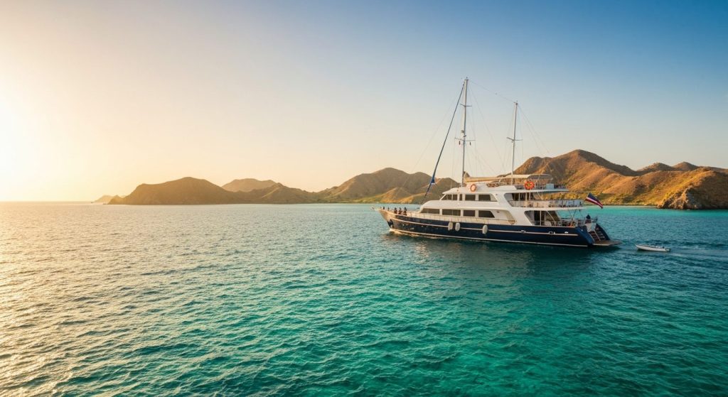 labuan bajo airport transfer yacht charter logistics — Photorealistic editorial luxury photo, private crewed yacht / sup