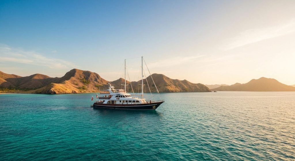 manta ray season komodo yacht — Photorealistic editorial luxury photo, private crewed yacht / superyacht / traditional p