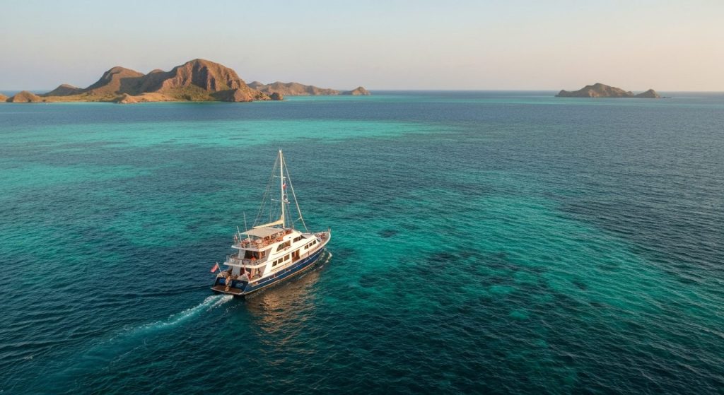 honeymoon yacht charter komodo — Photorealistic editorial luxury photo, private crewed yacht / superyacht / traditional