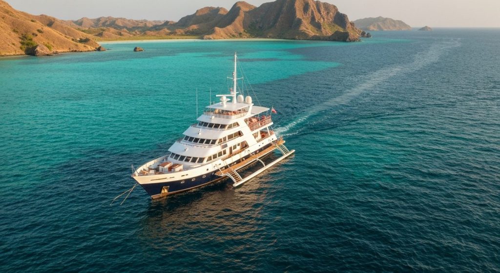 honeymoon yacht charter komodo — Photorealistic editorial luxury photo, private crewed yacht / superyacht / traditional