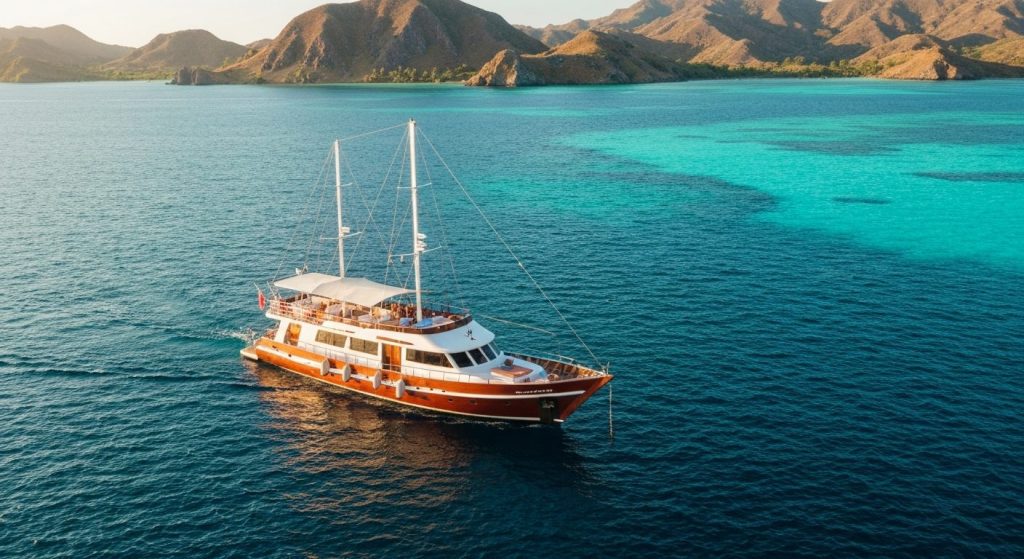 what to pack komodo liveaboard yacht — Photorealistic editorial luxury photo, private crewed yacht / superyacht / tradit