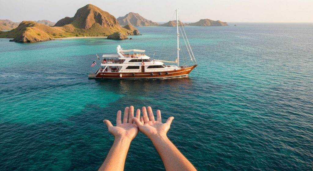 phinisi yacht charter komodo — Photorealistic editorial luxury photo, private crewed yacht / superyacht / traditional ph