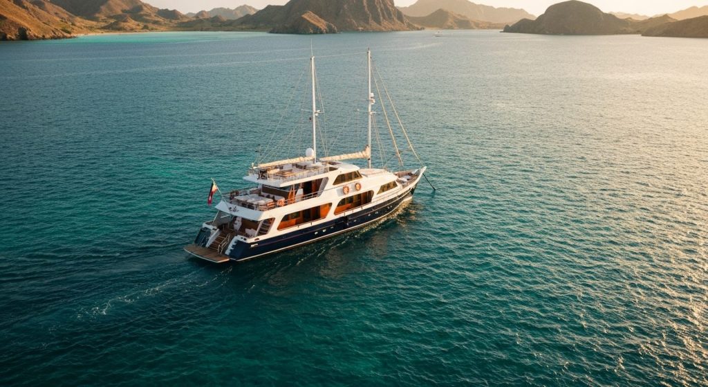 phinisi yacht charter komodo — Photorealistic editorial luxury photo, private crewed yacht / superyacht / traditional ph