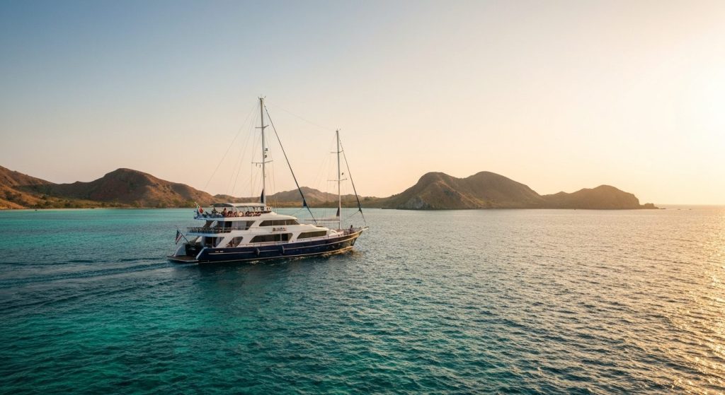 komodo yacht charter prices — Photorealistic editorial luxury photo, private crewed yacht / superyacht / traditional phi