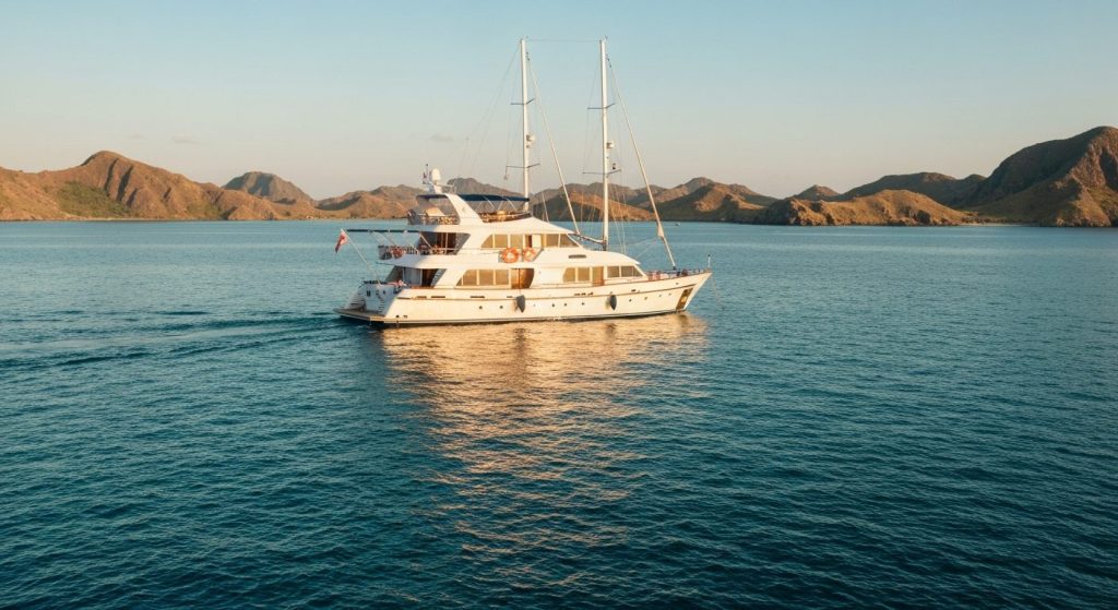 private crewed yacht charter komodo — Photorealistic editorial luxury photo, private crewed yacht / superyacht / traditi