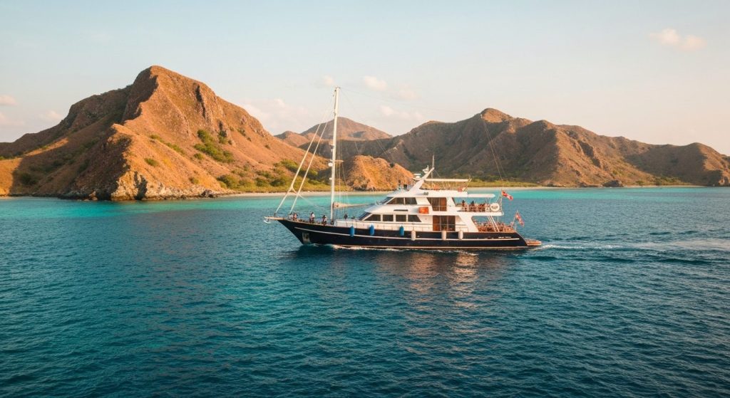 komodo yacht charter reviews — Photorealistic editorial luxury photo, private crewed yacht / superyacht / traditional ph