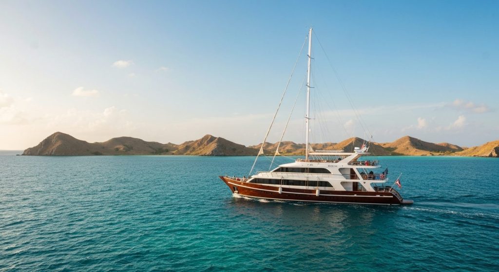 komodo yacht charter safety insurance — Photorealistic editorial luxury photo, private crewed yacht / superyacht / tradi