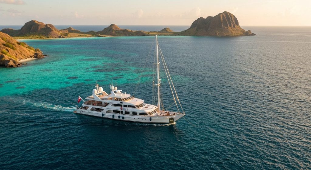 superyacht charter komodo — Photorealistic editorial luxury photo, private crewed yacht / superyacht / traditional phini