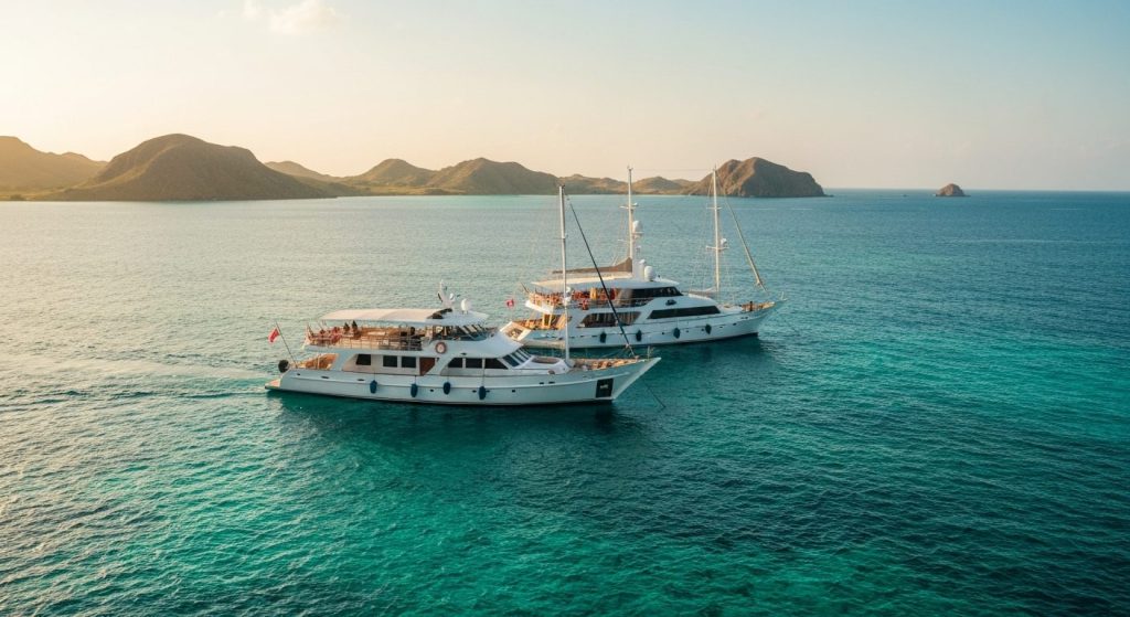 phinisi yacht charter komodo — Photorealistic editorial luxury photo, private crewed yacht / superyacht / traditional ph