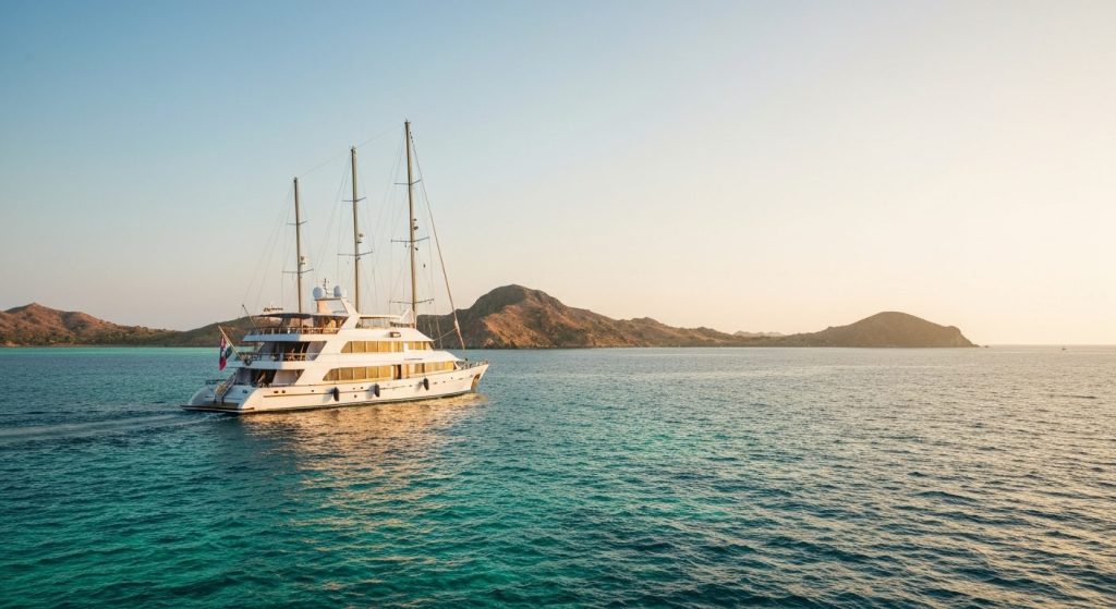 komodo yacht charter what's included — Photorealistic editorial luxury photo, private crewed yacht / superyacht / tradit