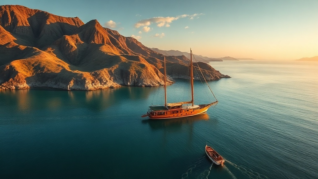 Phinisi yacht anchored in a turquoise bay in Komodo National Park at golden hour